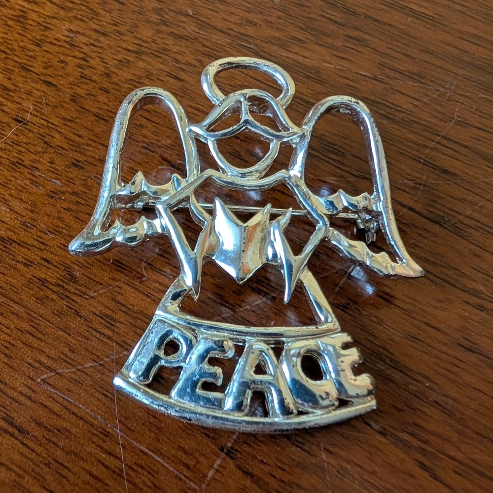 Singing Peace Angel Vintage Silver Brooch - Angelic Holy Spirit Halo Wings Pin